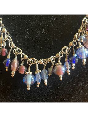 Blue Purple Beaded Charm Necklace Silver Tone Glass Drop Fringe Statement 17”